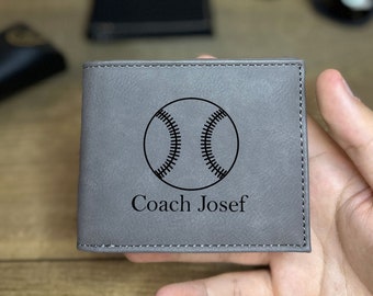 Personalized Coach Name Leather Wallet, Custom Engraved Leather Wallet, Coaches Gift, Wallet For Him, Baseball Leather Wallet