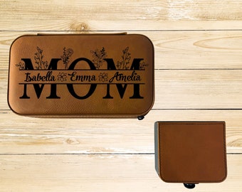 Custom Engraved Leather Mother's Day Gift Jewelry Case With Kids Name, Mother's Day Gift With Custom Kids Name Jewelry Case, Gift For Mom