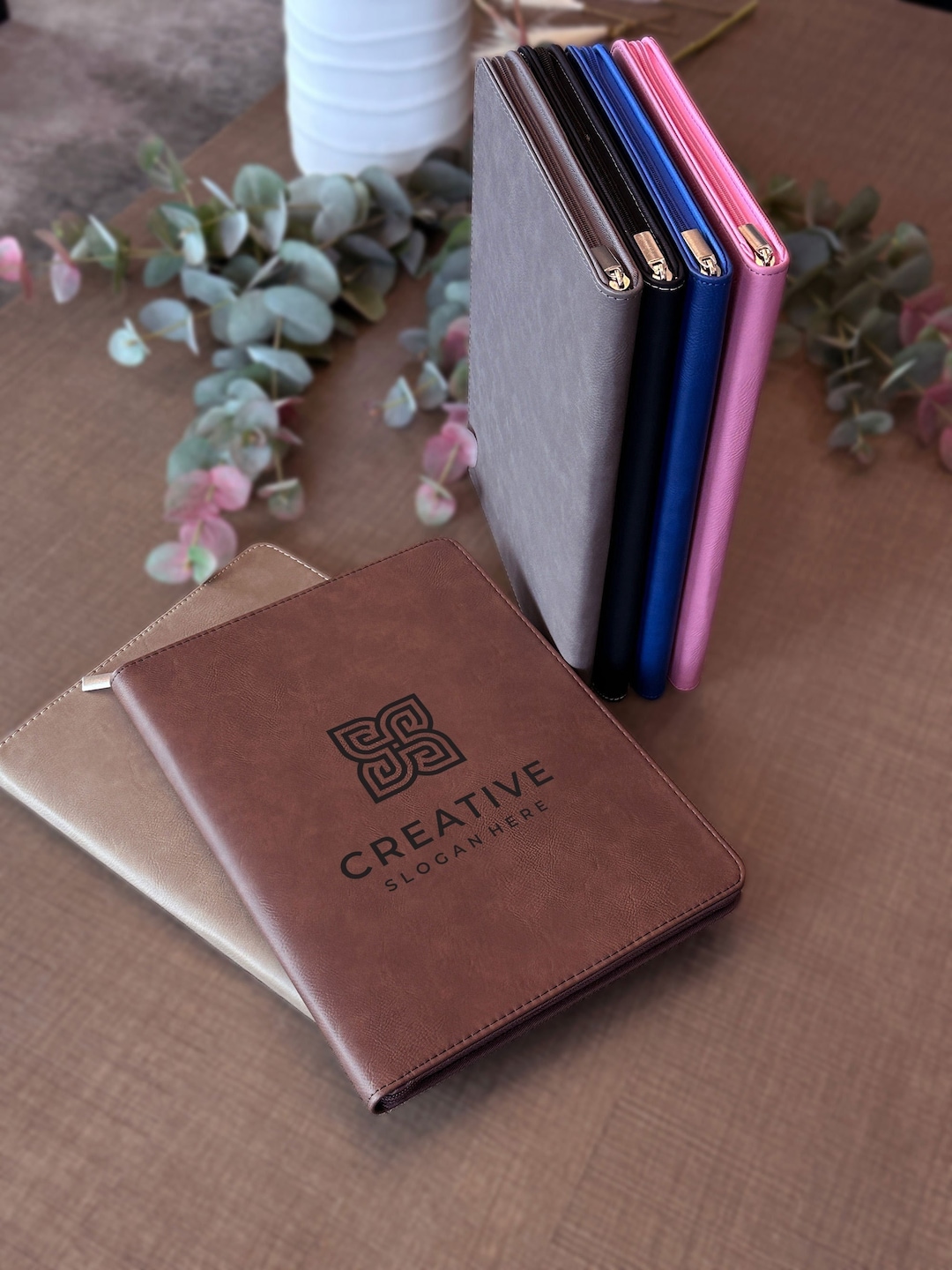 Personalized Engraved Refillable Leather Zipper Portfolio With Company
