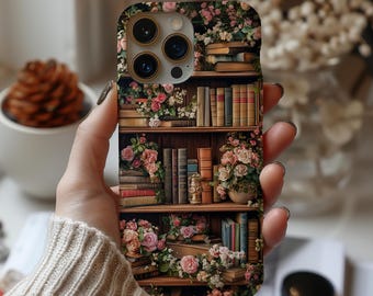 Vintage Floral Bookish Phone Case Flower Bookshelf Phone Cover Book Lover Gift for Iphone 17 16 15 14 Pro Max Samsung s26 s25 s24 Pixel 9 8