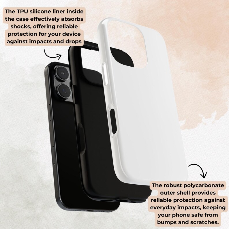 May include: A white phone case with a black TPU silicone liner inside. The case is designed to protect a phone from impacts and drops. The text on the case reads: "The robust polycarbonate outer shell provides reliable protection against everyday impacts, keeping your phone safe from bumps and scratches."