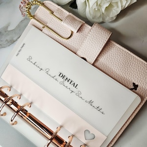 May include: A light pink planner with a gold clip and rose gold rings. The planner has a white insert that reads "DENTAL Sinking Funds, Every Six Months". A small heart-shaped cutout is visible.