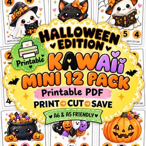 May include: A printable Halloween edition Kawaii mini 12 pack PDF featuring cards with illustrations of ghosts, black cats, pumpkins, and balloons. The central yellow label displays the text Halloween Edition Kawaii Mini 12 Pack Printable PDF Print Cut Save A6 & A5 Friendly. Each card includes numbers and the text Safety City Chic.