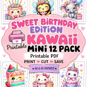 Peut inclure: Un ensemble PDF imprimable numérique intitulé Sweet Birthday Edition Kawaii Mini 12 Pack. Le design présente six cartes rectangulaires avec des illustrations d'un gâteau, d'une abeille, d'un éléphant, d'une part de gâteau, d'un chat et d'une licorne.
