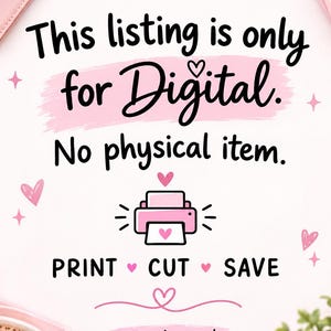 Op de afbeelding: Een digitale downloadkennisgeving met roze accenten met de tekst Safety City Chic Printables, This listing is only for Digital. No physical item., PRINT CUT SAVE en Thank you! met een roze printerpictogram en kleine hartillustraties.