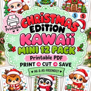 Może przedstawiać: Cyfrowy zestaw 12 mini kart świątecznych do druku w formacie PDF z ilustracjami kawaii przedstawiającymi Mikołaja, kulę śnieżną, domek z piernika, renifera, pingwina i szczeniaka. Tekst głosi Christmas Edition Kawaii Mini 12 Pack, Printable PDF, Print, Cut, Save, A6 & A5 Friendly, Instant Download, Print at Home, Cut Easily, Save with Fun.