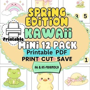Puede incluir: Un conjunto PDF imprimible digital titulado Spring Edition Kawaii Mini 12 Pack. El gráfico presenta ilustraciones de un arcoíris, botas de lluvia, una regadera, una rana, un pollito y un sombrero. El texto incluye Print, Cut, Save y A6 & A5 Friendly.