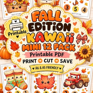May include: A digital printable PDF set titled Fall Edition Kawaii Mini 12 Pack featuring autumn-themed illustrations like a pumpkin spice candle, a tractor, socks, and leaves. The sheet includes instructions to print, cut, and save, with A6 and A5 compatibility.