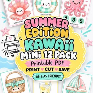May include: A printable PDF digital download titled Summer Edition Kawaii Mini 12 Pack featuring twelve cards with illustrations of a seashell, lifebuoy, octopus, picnic basket, lemonade, and sailboat, each with numbers and the text Safety City Chic.