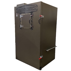 May include: A large, dark green metal storage cabinet with a door and a handle. The cabinet has a metal plate with the text "AVR CUSTOMS" on the front.