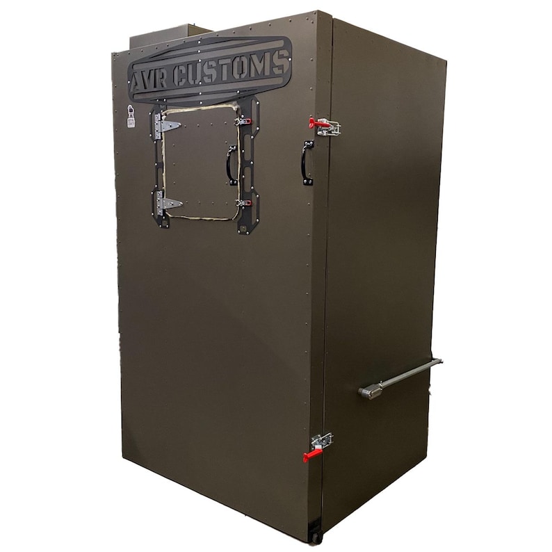 May include: A large, dark green metal storage cabinet with a door and a handle. The cabinet has a metal plate with the text "AVR CUSTOMS" on the front.