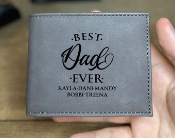 Personalized Kids Name Engraved Vegan Leather Custom Dad Wallet Bestselling Father's Day Gift Idea For Dad Wallet From Children to Father