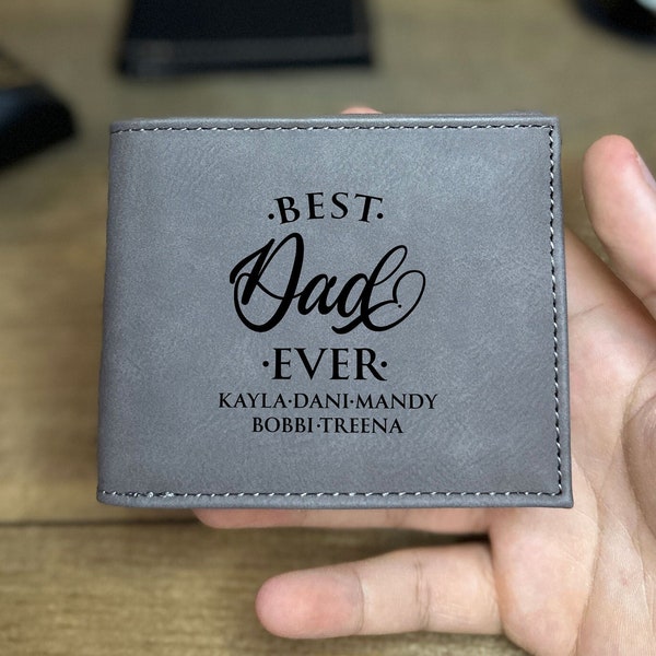 Personalized Kids Name Engraved Vegan Leather Custom Dad Wallet Bestselling Father's Day Gift Idea For Dad Wallet From Children to Father