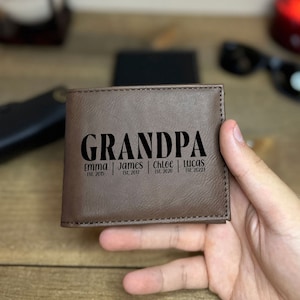 Cartera de cuero del abuelo con nombres de nietos, cartera grabada de cuero personalizada, regalo del día del padre, regalo del abuelo, cartera de cuero personalizada