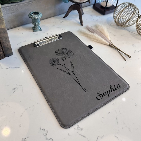 Birth Month Flower Engraved Clipboard Custom Name Clipboard Engraved Clipboard, Clipboard for Office, Vegan Leather Clipboard, Gift for Her