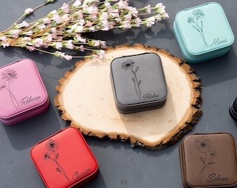 Birth Flower Jewelry Travel Case, Birth Month Flower Gift, Personalized Birthday Gift, Leather Jewelry Travel Case, Custom Jewelry Case