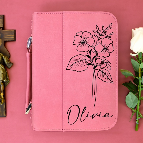 Birth Month Flower Bible Cover, Leather Bible Cover, Personalized Bible Cover, Engraved Bible Cover, Custom Bible Cover, Religious Gifts