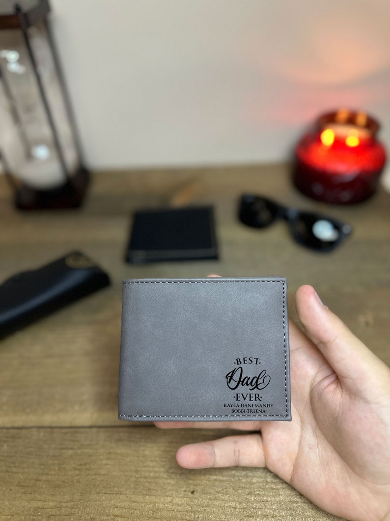 Personalized Kids Name Engraved Vegan Leather Custom Dad Wallet Bestselling Father's Day Gift Idea For Dad Wallet From Children to Father image 6