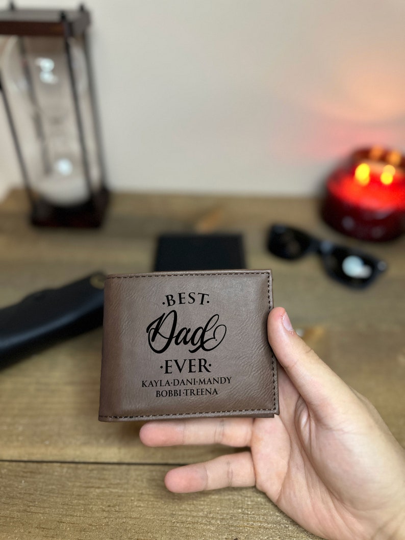 Personalized Kids Name Engraved Vegan Leather Custom Dad Wallet Bestselling Father's Day Gift Idea For Dad Wallet From Children to Father image 3