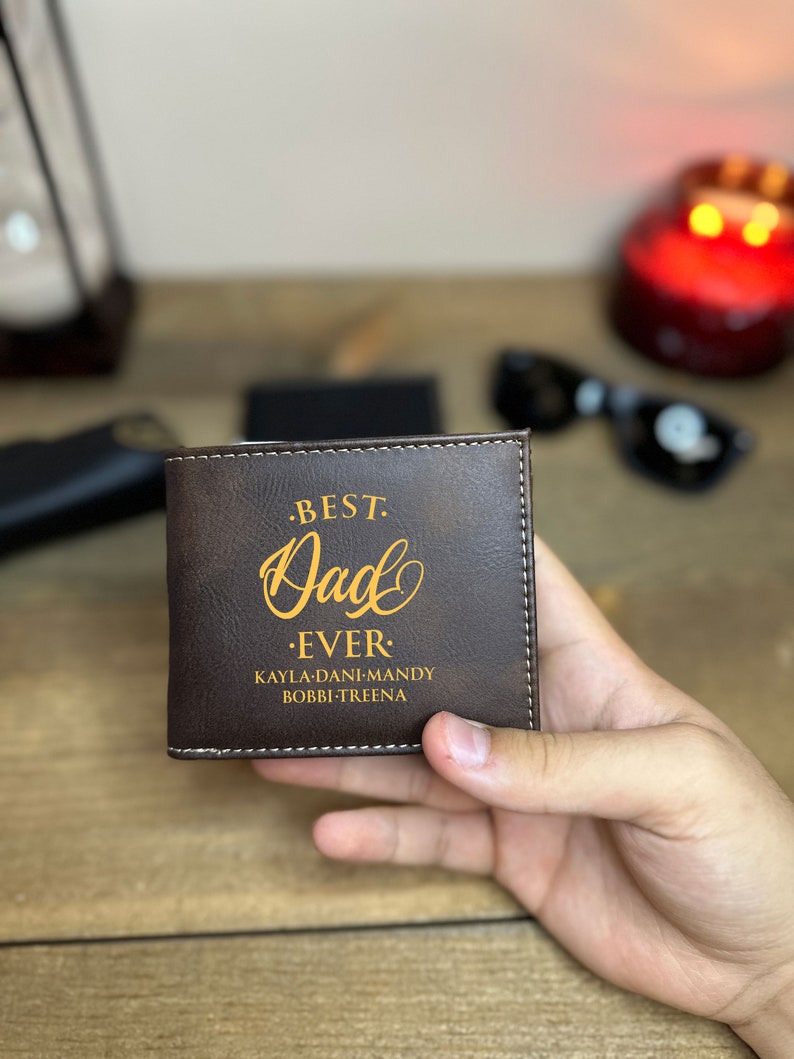 Personalized Kids Name Engraved Vegan Leather Custom Dad Wallet Bestselling Father's Day Gift Idea For Dad Wallet From Children to Father image 2