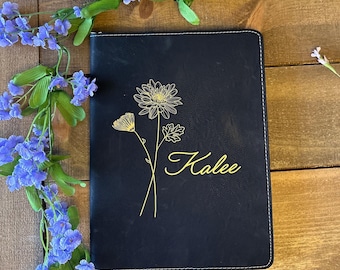 Custom Birth Month Flower Leather Zipper Portfolio, Personalized Vegan Leather Portfolio with Zipper Gift For Her, Birthday Gift Portfolio