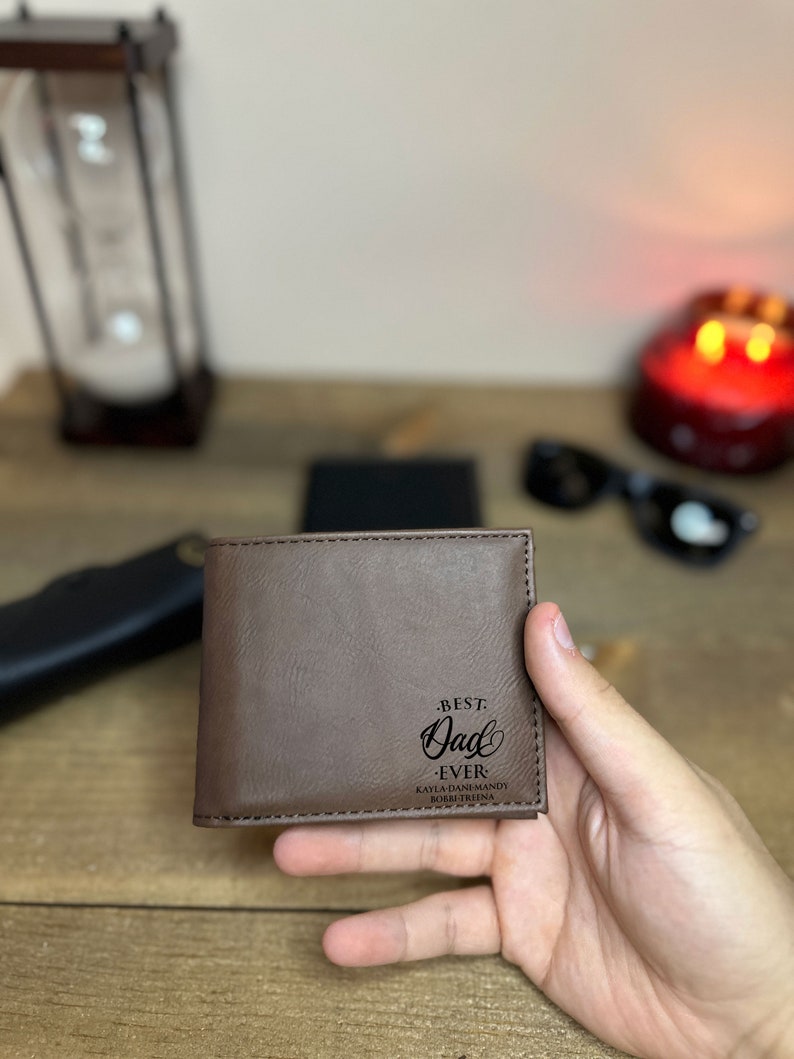 Personalized Kids Name Engraved Vegan Leather Custom Dad Wallet Bestselling Father's Day Gift Idea For Dad Wallet From Children to Father image 7