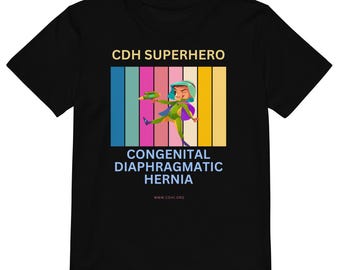 Tienda benéfica oficial de CDH - CDHSH- (24) Camiseta infantil de algodón orgánico con diseño de superhéroe de la concienciación sobre la hernia diafragmática congénita.