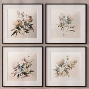 4 Peonies Minimalist Set in Watercolors - Boho Floral Wall Art - Flower Print - Artwork - Soft Toned Wall Decor - Peonies Art Print