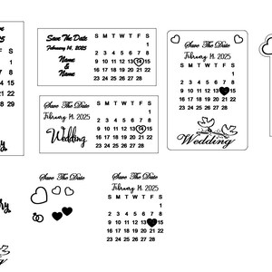 Könnte beinhalten: Ein Satz druckbarer Save-the-Date-Karten mit Kalendardesigns für eine Hochzeit. Die Karten sind in Schwarzweiß gehalten und zeigen ein Herz- und Vogelmotiv. Der Text auf den Karten lautet "Save The Date" und enthält das Datum "February 11, 2025".