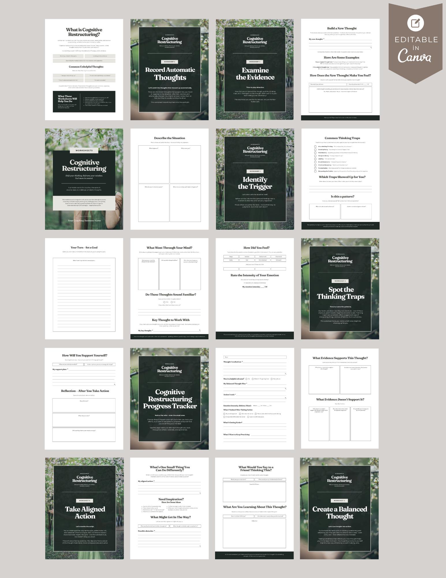 Cognitive Restructuring Worksheets Canva Template CBT Printable ...