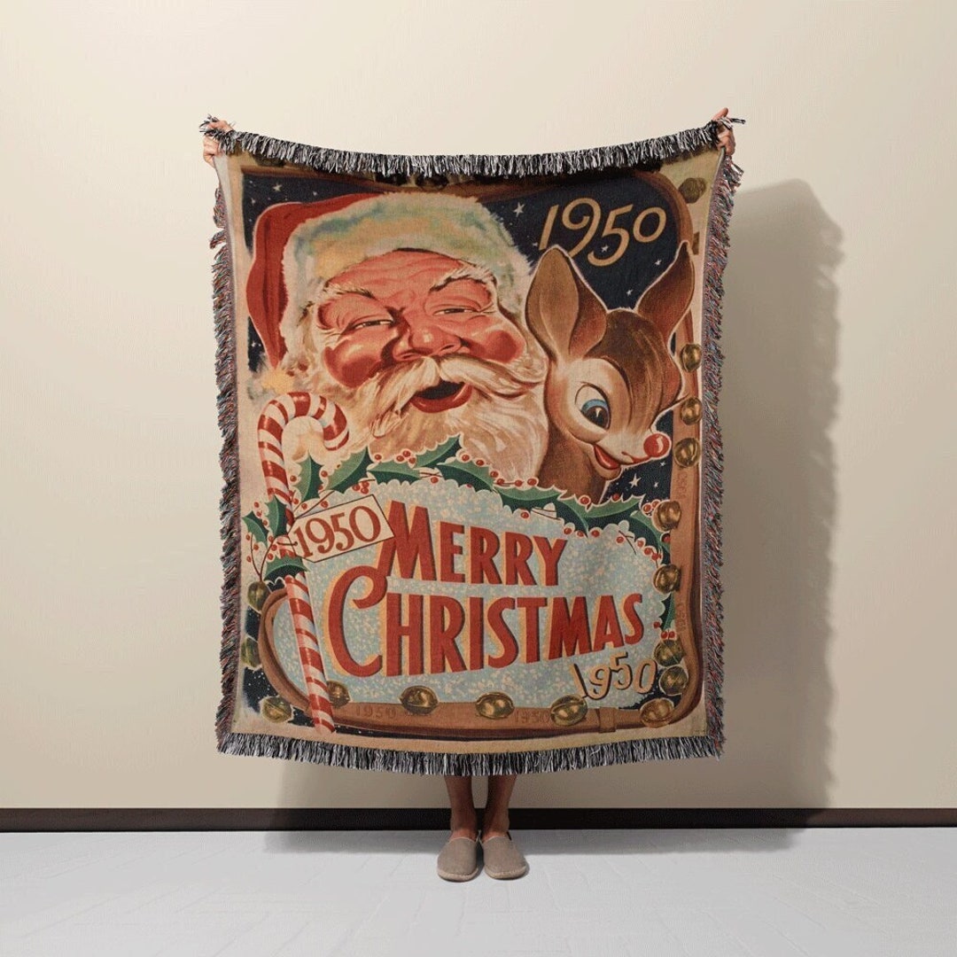 Vintage Christmas Blanket Throw, Santa Deer Boho Tapestry Woven Throw
