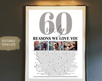 Editable Template, 60 Reasons we love you Photo Collage, Mom's 60th Birthday, Dad's 60th Birthday, 60 Things We Love About You Friend Gift