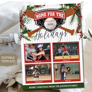 Tarjeta navideña de béisbol, hogar para las vacaciones, tarjeta con foto de felicitación navideña, tarjeta con foto de fanáticos del béisbol para las vacaciones de la familia y los niños, plantilla editable