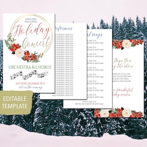 May include: A printable holiday concert program template with a red and white floral wreath, gold lettering, and the text "Holiday Concert" and "Orchestra & Chorus". The program includes a list of performers, musical selections, and a thank you message.