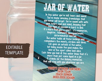 Swimming Jar of Water Gift Tags, Printable Gift from Coach Idea, Editable End of Swim Team Season Swimmer Gift, Sports Team Keepsake Present