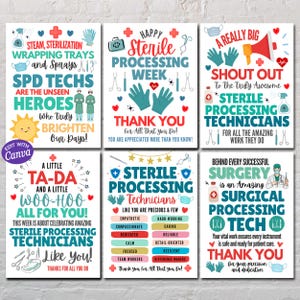 Può includere: Una collezione di sei poster colorati che celebrano i tecnici di sterilizzazione. Ogni poster presenta testo, simboli medici e illustrazioni, tra cui strumenti chirurgici, guanti e maschere.