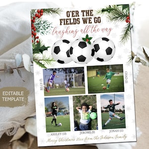 Fußball-Weihnachtskarte, Over the Fields We Go, Urlaubsgruß-Fotokarte, Familie, Kinder, Urlaub, Sportfans, Fotokarte, bearbeitbare Vorlage