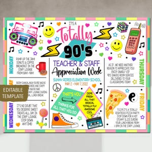 80s 90s Theme Teacher Appreciation Week Itinerary, Retro Throwback Old School Staff Schedule Events Printable, Employee EDITABLE TEMPLATE