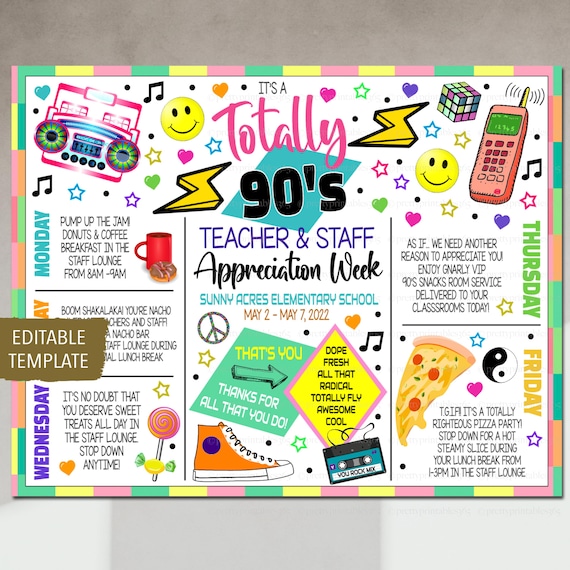 80s 90s Theme Teacher Appreciation Week Itinerary, Retro Throwback Old School Staff Schedule Events Printable, Employee EDITABLE TEMPLATE