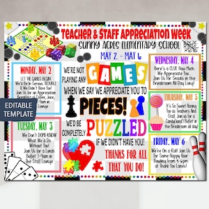 Poster stampabile con itinerario della settimana di apprezzamento degli insegnanti a tema giochi da tavolo, ringraziamento ai dipendenti, puzzle senza di te, modello modificabile
