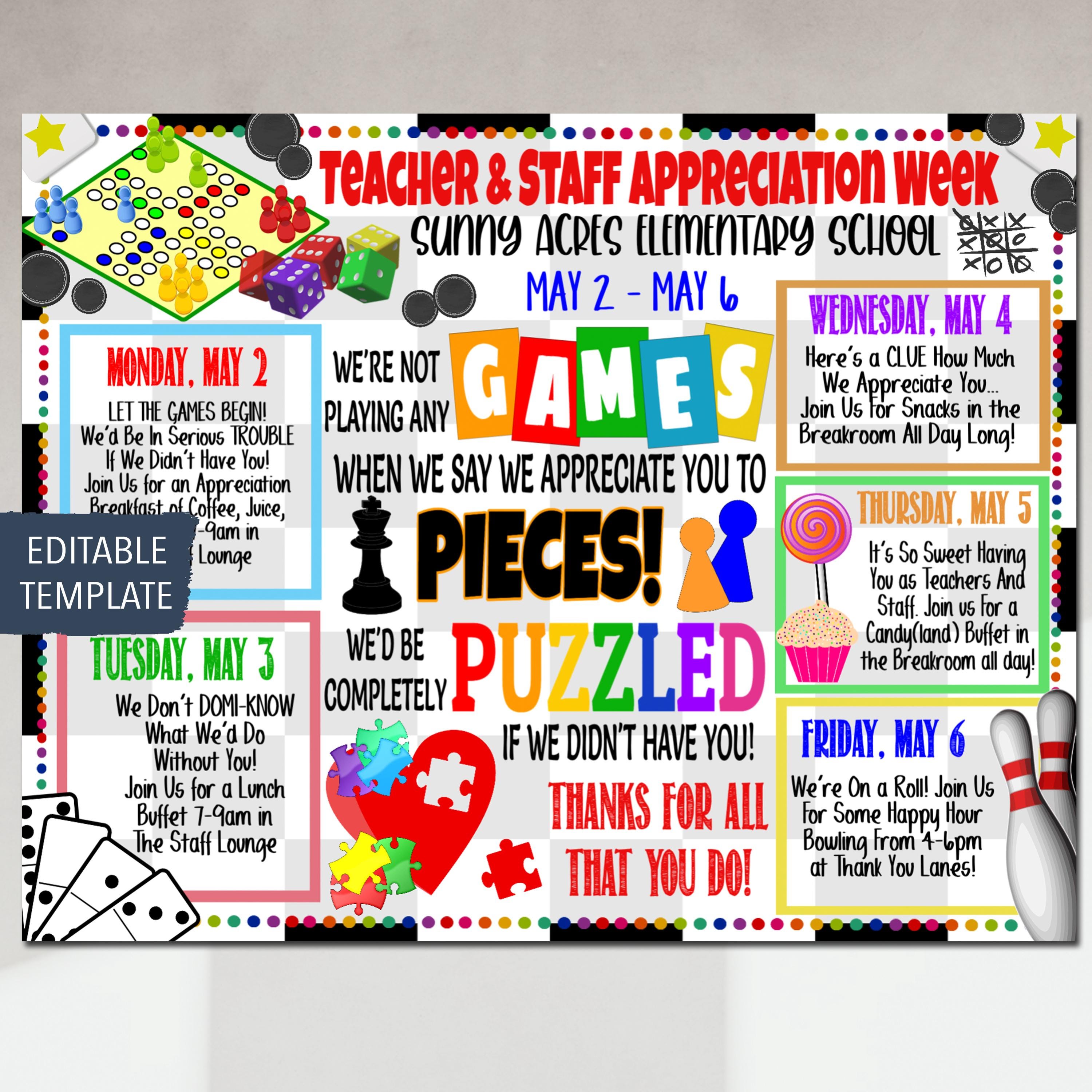 Cartaz de itinerário da semana de apreciação do professor com tema de jogos de tabuleiro para impressão, agradecimento aos funcionários, intrigado sem você, modelo editável