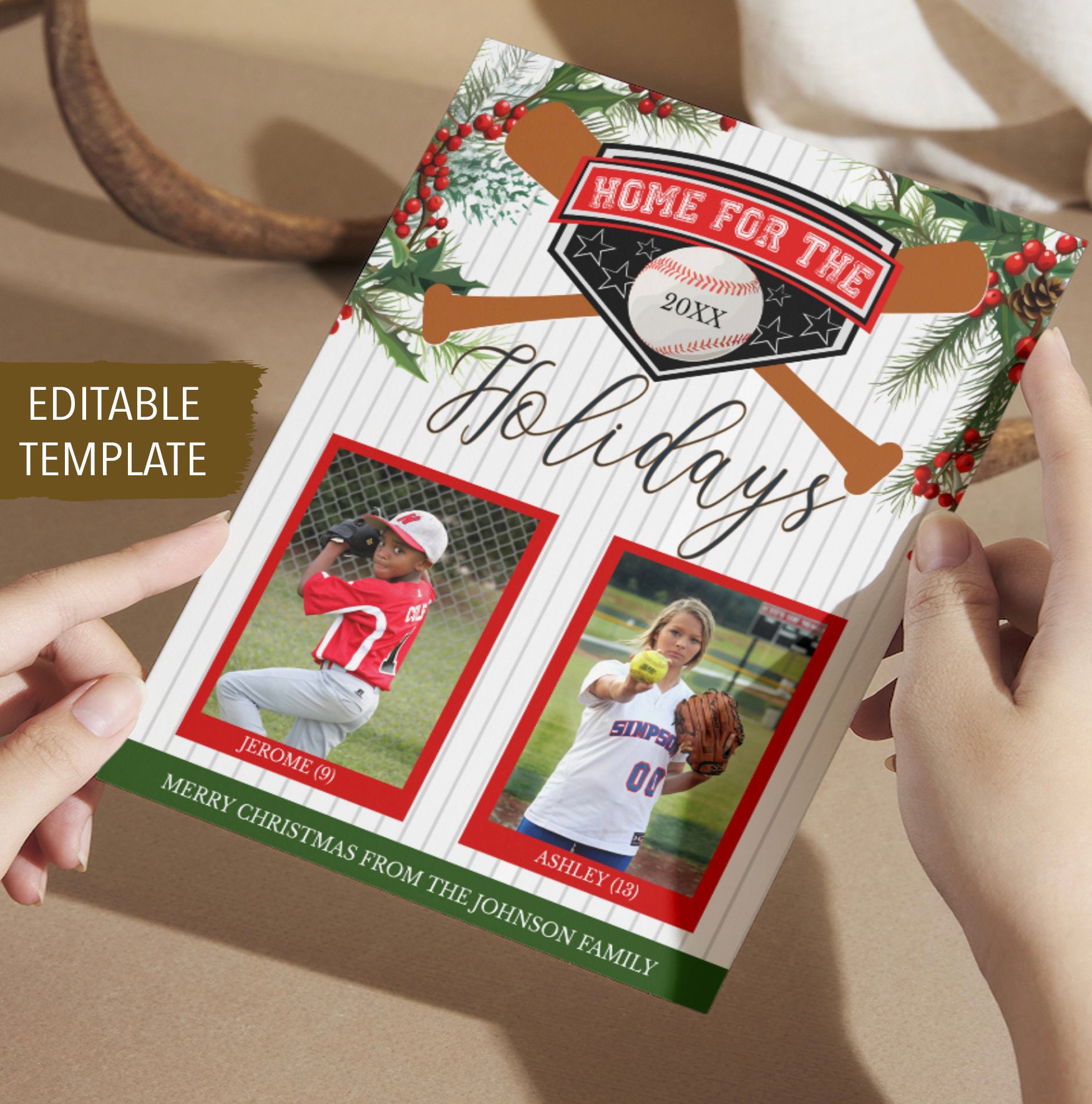 Baseball Christmas Card, Home for the Holidays, Holiday Greeting Photo
