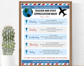 Itinerário da semana de apreciação de professores e funcionários, programação semanal de eventos, tema de viagem mundial de avião, modelo editável para impressão