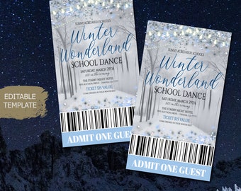Winter Wonderland Dance Theme Ticket Template Printable High School Formal, Homecoming Senior Junior Prom, Daddy Daughter Dance, EDITABLE