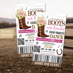Stiefel und Schönheiten Tanz Thema Ticket Vorlage druckbare High School Formal, Heimkehr Senior Junior Abschlussball, Daddy Daughter Dance, EDITIERBAR