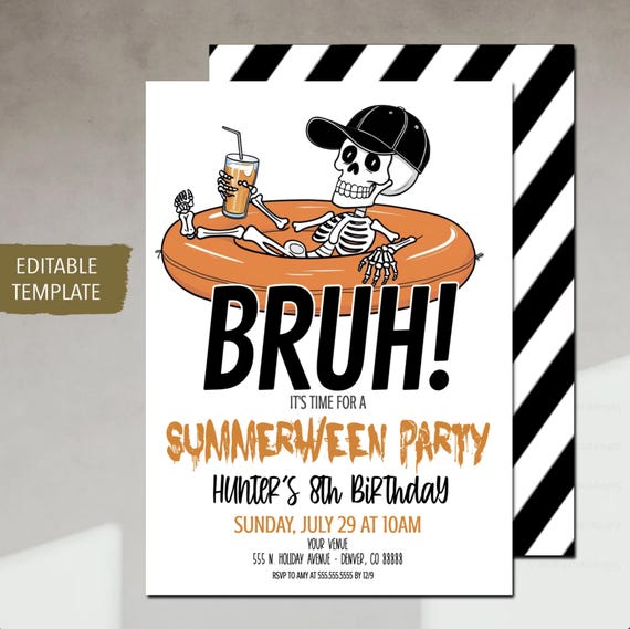 Bruh Summer-Ween Party Invitation Template, Hey Bruh It's My Birthday Halloween Summer Pool Party Invite, Boys Pool Party Theme, EDITABLE