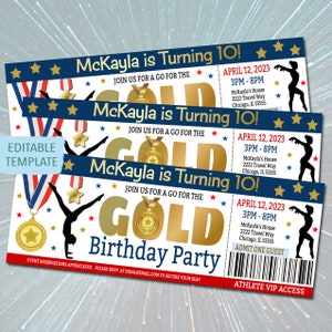 Goldmedaillen-Thema Gymnastik-Party-Karte einladen, Kinder-Sport-Geburtstags-Thema, Sommerspiele-Mädchen-Einladung, gehen für die Gold-bearbeitbare Vorlage