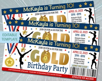 Gold Medal Theme Gymnastics Party Ticket Invite, Kids Sports Birthday Theme, Summer Games Girl Invitation, Go For the Gold Editable Template