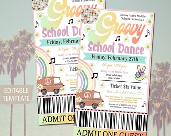 Groovy Retro Dance Theme Ticket Template Printable High School Formal, 60's 70's Homecoming Senior Junior Prom Daddy Daughter Dance EDITABLE