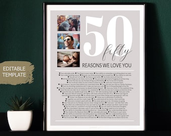 Editable Template, 50 Reasons we love you Photo Collage, Mom's 50th Birthday, Dad's 50th Birthday, 50 Things We Love About You Friend Gift